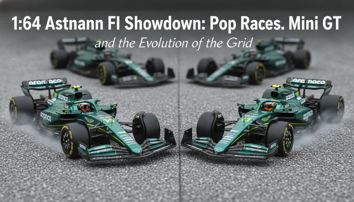 1:64 Aston Martin F1 Showdown: Pop Race vs. Mini GT and the Evolution of the Grid visual summary